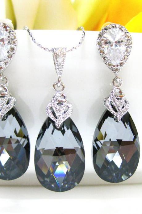 Swarovski Silver Night Black Crystal Teardrop Earrings &amp;amp;amp; Necklace Bridal Jewelry Wedding Jewelry Bridesmaids Gift Charcoal