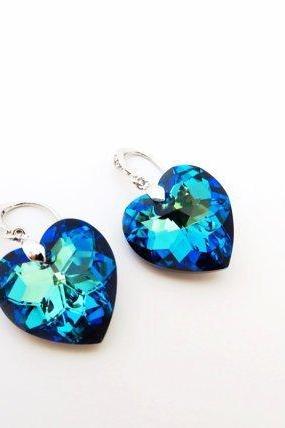 Swarovski Bermuda Blue Heart Crystal Earrings Blue Earrings Valentine&amp;amp;#039;s Day Gift Bridal Drop Earrings Wedding Jewelry Bridesmaid