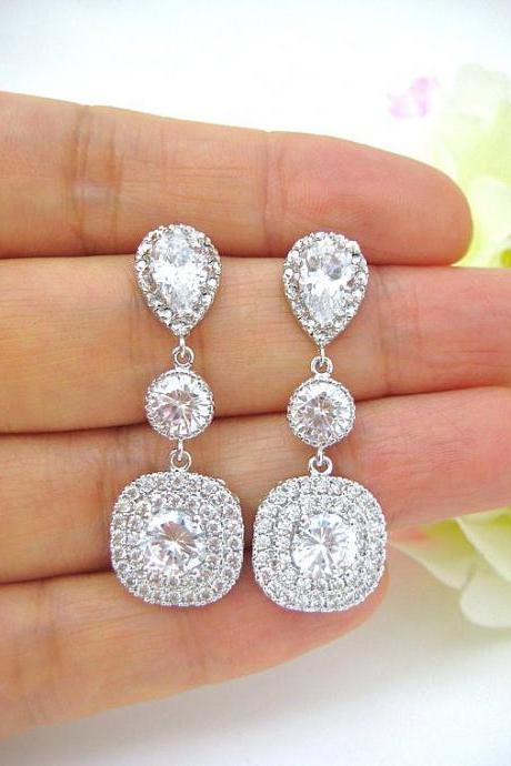 Bridal Cubic Zirconia Earrings Square Cut Earrings Halo Style Drop Earrings Bridal Crystal Earrings Wedding Jewelry Bridesmaids Gift (e130)
