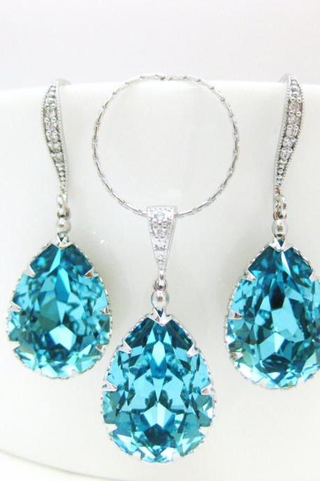 Teal Blue Earrings &amp;amp;amp; Necklace Gift Set Swarovski Crystal Light Turquoise Wedding Necklace Bridal Drop Earrings Something Blue