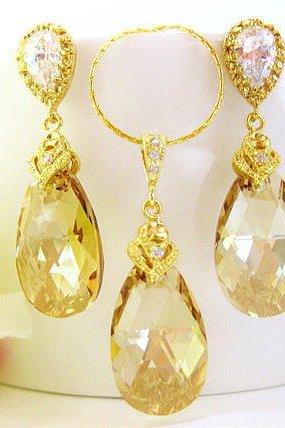 Champagne Golden Teardrop Necklace & Earrings Swarovski Crystal Golden Shadow Wedding Jewelry Bridal Earrings Bridesmaids Gift (NE006)