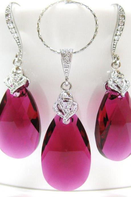 Ruby Fuchsia Teardrop Earrings & Necklace Gift Set Swarovski Hot Pink Crystal Wedding Jewelry Bridal Pink Jewelry Bridesmaids Gift (NE005)