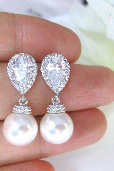 Bridal Pearl Earrings Wedding Pearl Jewelry Swarovski 10mm Round Pearl Bridesmaid Gift Dangle Drop Earrings Cubic Zirconia Earrings (E014)
