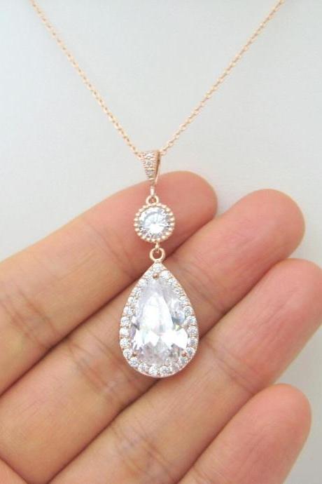 Rose Gold Wedding Necklace Bridal Clear Crystal Necklace Large Cubic Zirconia Teardrop Necklace Bridesmaids Gift Dangle Long Necklace (N003)