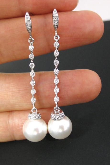Bridal Pearl Earrings Long Dangle Earrings Wedding Jewelry Bridesmaid Gift Bridesmaid Earrings Swarovski 10mm Round Pearl Earrings (E160)