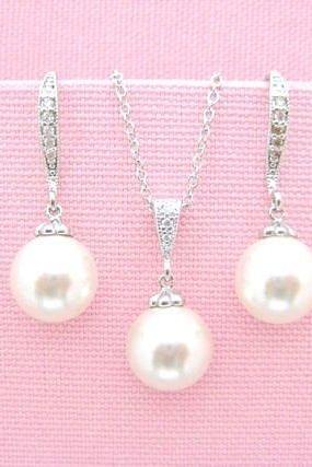 Bridal Pearl Earrings & Necklace Gift Set Wedding Jewelry Swarovski 10mm Pearl Bridesmaid Gift Mother of Bride Bridal Party Gifts (E004)