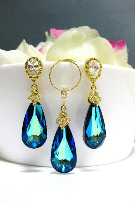 Bermuda Blue Earrings & Necklace Gift Set Swarovski Crystal Teardrop Gold Jewelry Bridesmaid Gift Bridal Drop Earrings (NE003)