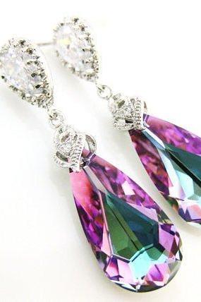 Swarovski Crystal Vitrail Light Teardrop Earrings Purple Earrings Bridesmaid Gift Wedding Jewelry Bridal Earrings Silver Earrings (E028)