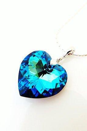 Swarovski Bermuda Blue Heart Crystal Pendant Necklace Bridal Necklace Wedding Jewelry Bridesmaid Gift Valentine&amp;amp;#039;s Day Something