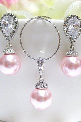 Blush Pink Bridal Pearl Earrings &amp;amp; Necklace Set Swarovski Rosaline 10mm Round Pearl Wedding Jewelry Bridesmaid Gift Pink Jewelry