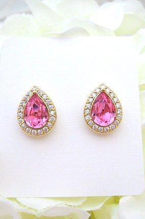 Swarovski Rose Pink Teardrop Stud Earrings Light Pink Earrings Cubic Zirconia Earrings Wedding Bridesmaids Gift White Gold Earrings (E303)