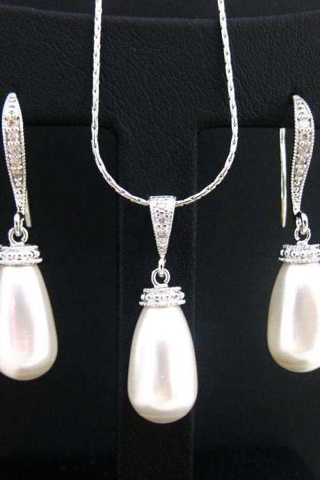 Bridal Pearl Earrings & Necklace Gift Set Teardrop Pearl Earrings Wedding Pearl Jewelry Bridesmaid Gift Dangle Drop Earrings (NE037)