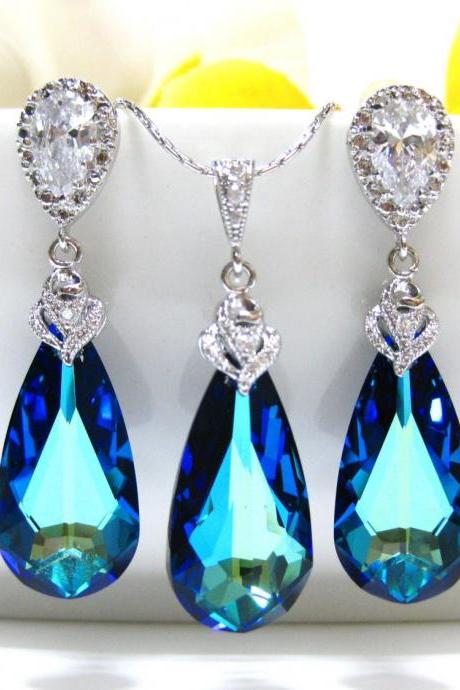 Bermuda Blue Swarovski Teardrop & Earrings Necklace Set Bridal Blue Jewelry Bridesmaid Gift Swarovski Crystal Wedding Jewelry (NE003)