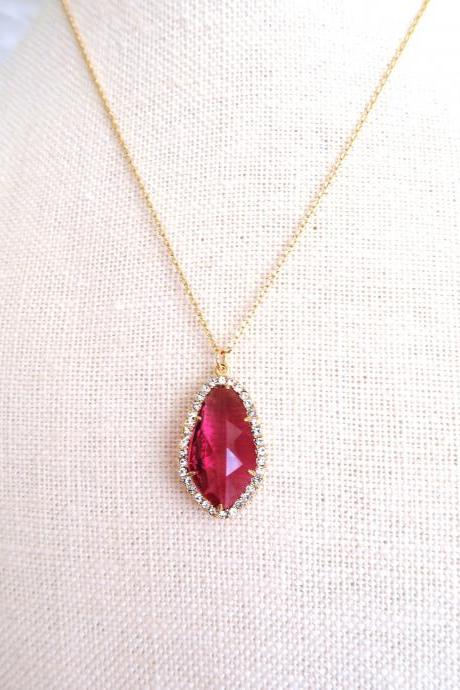 Ruby Red Teardrop Necklace Crystal Charm Necklace Wedding Bridal Pendant Bridesmaids Gift Birthday Gift Valentine&amp;#039;s Day (n013)
