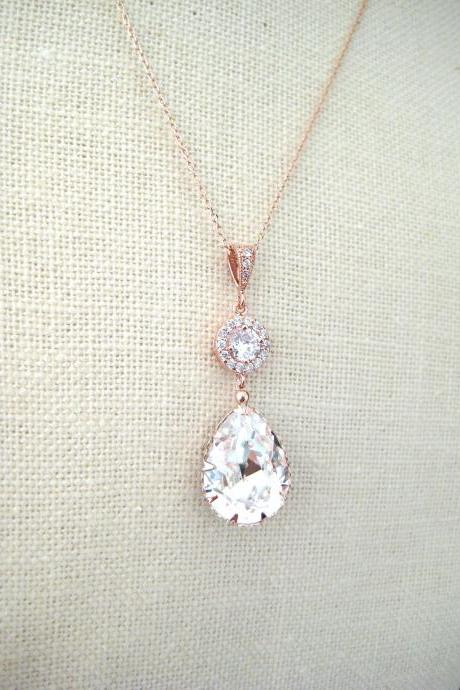 Rose Gold Bridal Crystal Necklace Swarovski Clear White Crystal Teardrop Necklace Wedding Jewelry Bridesmaid Gift Bridal Long Necklace(N142)