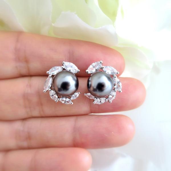 Dark Grey Bridal Pearl Earrings Lux Cubic Zirconia Stud Earrings Wedding Jewelry Swarovski 10mm Charcoal Pearl Bridesmaids Gift (E305)