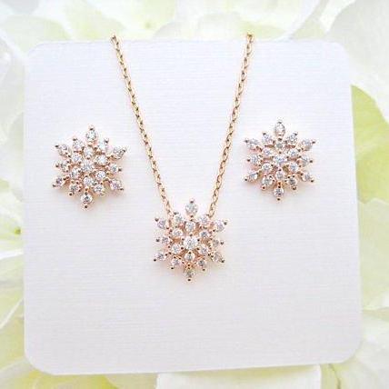 Rose Gold Snowflake Earrings Necklace Gift Set Cubic Zirconia Snow Stud Earrings Wedding Jewelry B on Luulla