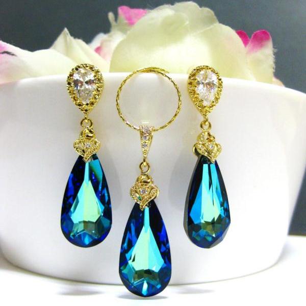 Bermuda Blue Earrings & Necklace Gift Set Swarovski Crystal Teardrop Gold Jewelry Bridesmaid Gift Bridal Drop Earrings (NE003)