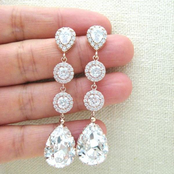Bridal Crystal Earrings Rose Gold Swarovski Clear White Crystal Teardrop Earrings Wedding Long Dangle Earrings Bridesmaid Gift (E142)