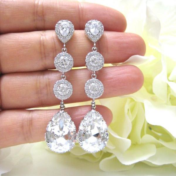 Bridal Crystal Earrings Swarovski Clear White Crystal Teardrop Earrings Wedding Jewelry Bridesmaid Gift Bridal Long Earrings(E142)