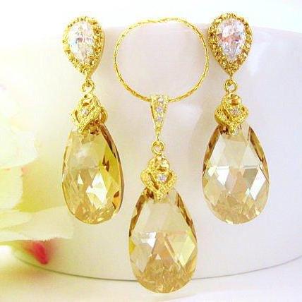 Champagne Golden Teardrop Necklace &amp;amp; Earrings Swarovski Crystal Golden Shadow Wedding Jewelry Bridal Earrings Bridesmaids Gift (NE006)