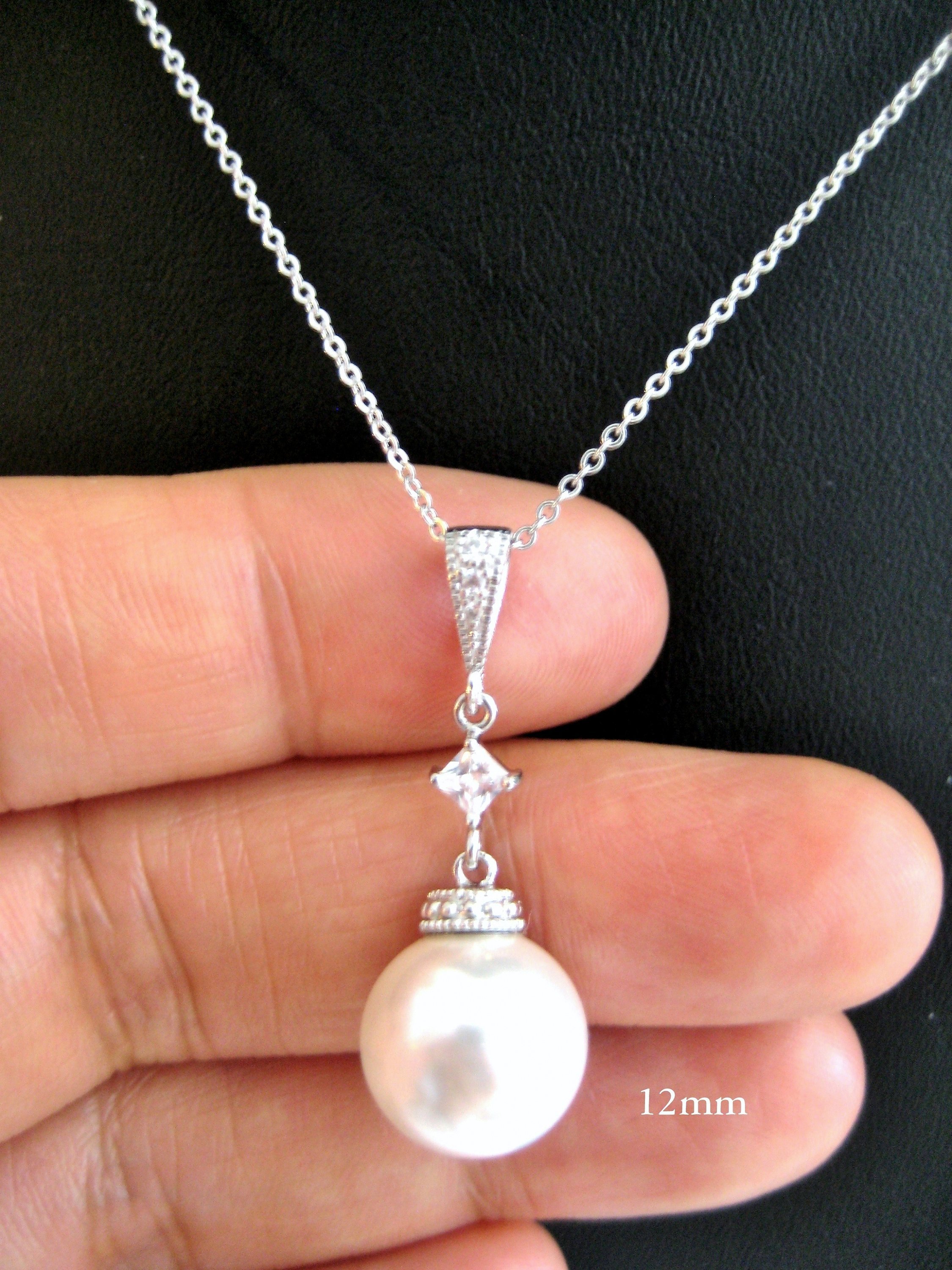 Bridal Pearl Necklace Swarovski 12mm Round Pearl Drop Dangle