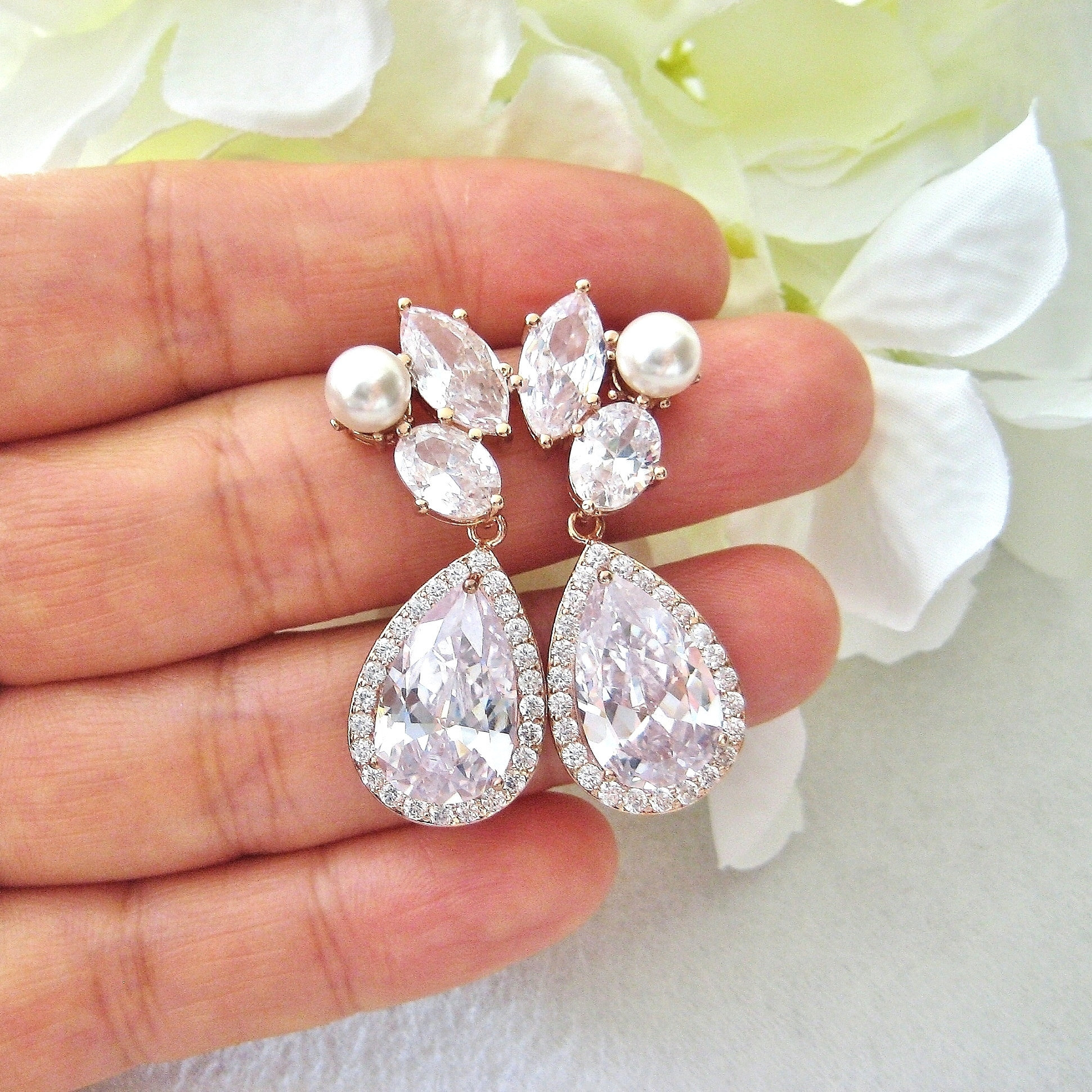 Bridal Crystal Earrings Rose Gold Teardrop Earrings Wedding Pearl