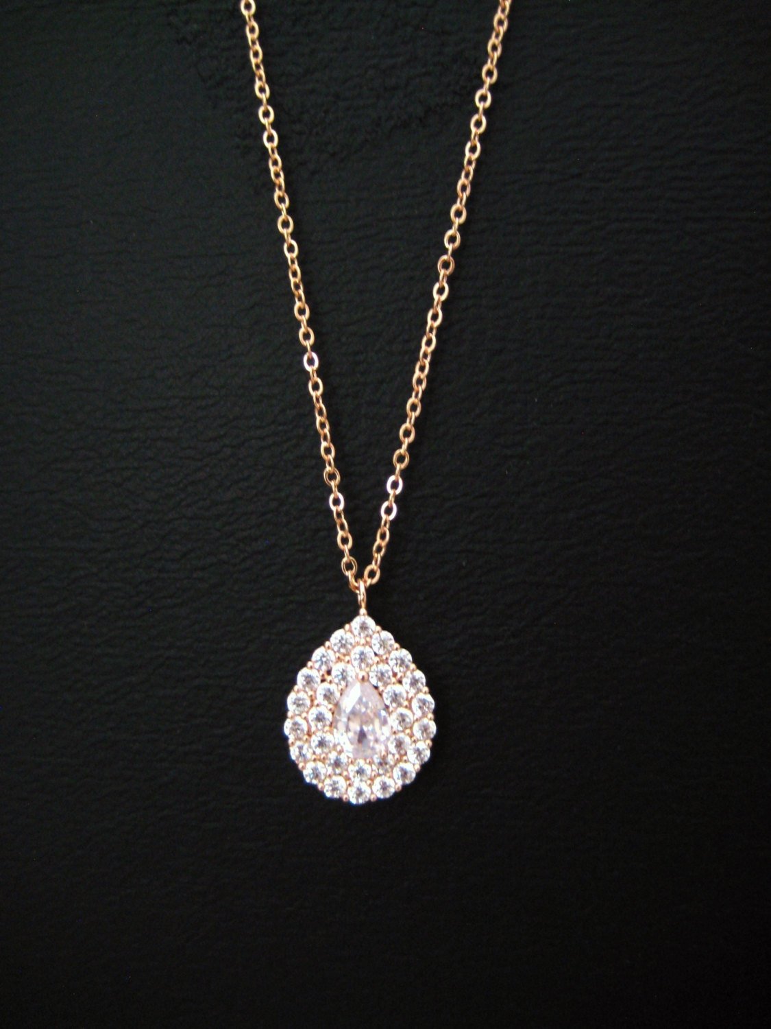 Crystal Teardrop Necklace In Rose Gold, Cubic Zirconia Multistone Halo